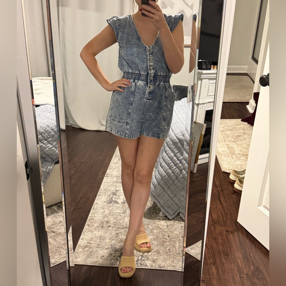 Cute Girly Flare Sleeves Blue Denim Pull Up Stretch Romper - Picture 8 of 11